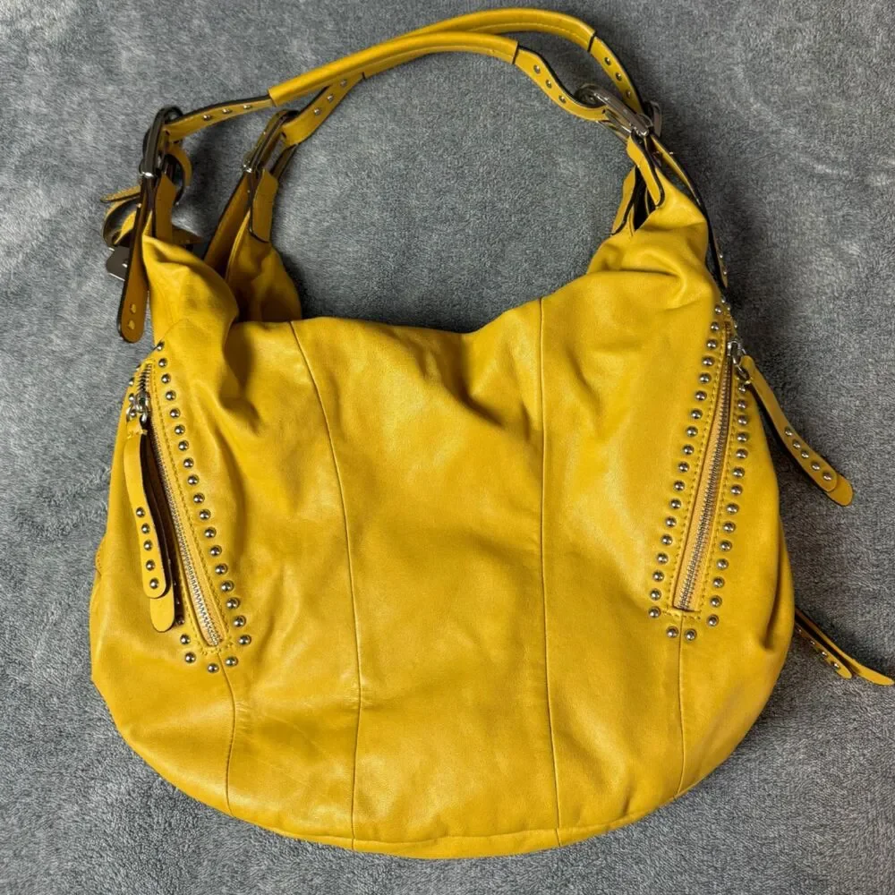 B. Makowsky Women's Mustard Yellow Leather Studded Hobo Shoulder Bag